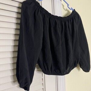 Brandy Melville Womens Top Small OS Black 3/4 Sleeve Cropped Peasant Blouse